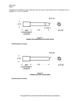 MG 2-2001
Page 4
© Copyright 2001 by the National Electrical Manufacturers Association.
ventilated (air circulated by means external to and not a part of the machine) (IC17). Enclosures are as
defined in 4.1.1 to 4.1.8, inclusive.
Figure 1*
PROBE FOR HAZARDOUS ROTATING PARTS
*All dimensions in inches.
Figure 2*
PROBE FOR FILM-COATED WIRE
*All dimensions in inches.
 