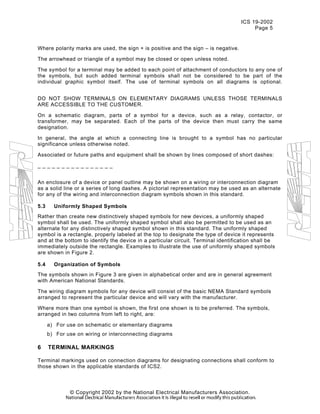 ICS 19-2002
Page 5
Where polarity marks are used, the sign + is positive and the sign – is negative.
The arrowhead or triangle of a symbol may be closed or open unless noted.
The symbol for a terminal may be added to each point of attachment of conductors to any one of
the symbols, but such added terminal symbols shall not be considered to be part of the
individual graphic symbol itself. The use of terminal symbols on all diagrams is optional.
DO NOT SHOW TERMINALS ON ELEMENTARY DIAGRAMS UNLESS THOSE TERMINALS
ARE ACCESSIBLE TO THE CUSTOMER.
On a schematic diagram, parts of a symbol for a device, such as a relay, contactor, or
transformer, may be separated. Each of the parts of the device then must carry the same
designation.
In general, the angle at which a connecting line is brought to a symbol has no particular
significance unless otherwise noted.
Associated or future paths and equipment shall be shown by lines composed of short dashes:
_ _ _ _ _ _ _ _ _ _ _ _ _ _ _ _
An enclosure of a device or panel outline may be shown on a wiring or interconnection diagram
as a solid line or a series of long dashes. A pictorial representation may be used as an alternate
for any of the wiring and interconnection diagram symbols shown in this standard.
5.3 Uniformly Shaped Symbols
Rather than create new distinctively shaped symbols for new devices, a uniformly shaped
symbol shall be used. The uniformly shaped symbol shall also be permitted to be used as an
alternate for any distinctively shaped symbol shown in this standard. The uniformly shaped
symbol is a rectangle, properly labeled at the top to designate the type of device it represents
and at the bottom to identify the device in a particular circuit. Terminal identification shall be
immediately outside the rectangle. Examples to illustrate the use of uniformly shaped symbols
are shown in Figure 2.
5.4 Organization of Symbols
The symbols shown in Figure 3 are given in alphabetical order and are in general agreement
with American National Standards.
The wiring diagram symbols for any device will consist of the basic NEMA Standard symbols
arranged to represent the particular device and will vary with the manufacturer.
Where more than one symbol is shown, the first one shown is to be preferred. The symbols,
arranged in two columns from left to right, are:
a) For use on schematic or elementary diagrams
b) For use on wiring or interconnecting diagrams
6 TERMINAL MARKINGS
Terminal markings used on connection diagrams for designating connections shall conform to
those shown in the applicable standards of ICS2.
© Copyright 2002 by the National Electrical Manufacturers Association.
 