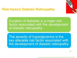 Risk factors Diabetic Retinopathy
Duration of diabetes is a major risk
factor associated with the development
of diabetic retinopathy
The severity of hyperglycemia is the
key alterable risk factor associated with
the development of diabetic retinopathy
http://one.aao.org/CE/PracticeGuidelines/PPP_Content.aspx?cid=d0c853d3-219f-487b-a524-326ab3cecd9a
 