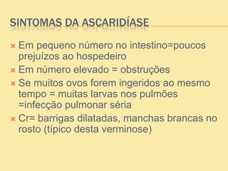 SINTOMAS DA ASCARIDÍASE
 Em pequeno número no intestino=poucos
prejuízos ao hospedeiro
 Em número elevado = obstruções
 Se muitos ovos forem ingeridos ao mesmo
tempo = muitas larvas nos pulmões
=infecção pulmonar séria
 Cr= barrigas dilatadas, manchas brancas no
rosto (típico desta verminose)
 