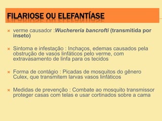 FILARIOSE OU ELEFANTÍASE
 verme causador :Wuchereria bancrofti (transmitida por
inseto)
 Sintoma e infestação : Inchaços, edemas causados pela
obstrução de vasos linfáticos pelo verme, com
extravasamento de linfa para os tecidos
 Forma de contágio : Picadas de mosquitos do gênero
Culex, que transmitem larvas vasos linfáticos
 Medidas de prevenção : Combate ao mosquito transmissor
proteger casas com telas e usar cortinados sobre a cama
 