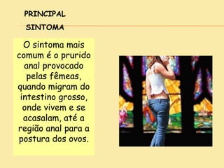 PRINCIPAL
SINTOMA
O sintoma mais
comum é o prurido
anal provocado
pelas fêmeas,
quando migram do
intestino grosso,
onde vivem e se
acasalam, até a
região anal para a
postura dos ovos.
 