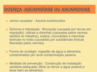 DOENÇA :ASCARIDÍASE OU ASCARIDIOSE
 verme causador : Ascaris lumbricoides
 Sintoma e infestação : Bronquite (causada por larvas em
migração), cólicas e diarréias (causadas pelos vermes
adultos no intestino), enjôos, convulsões e manchas
brancas no rosto (causadas por substâncias tóxicas
liberadas pelos vermes).
 Forma de contágio: Ingestão de água e alimentos
contaminados por ovos contaminação passiva.
 Medidas de prevenção: Construção de instalação
sanitária adequada, filtrar ou ferver a água potável e
lavar bem os alimentos.
 
