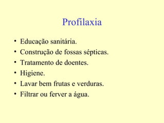 Profilaxia
•   Educação sanitária.
•   Construção de fossas sépticas.
•   Tratamento de doentes.
•   Higiene.
•   Lavar bem frutas e verduras.
•   Filtrar ou ferver a água.
 