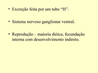 • Excreção feita por um tubo “H”.

• Sistema nervoso ganglionar ventral.

• Reprodução – maioria dióica, fecundação
  interna com desenvolvimento indireto.
 