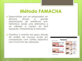 Método FAMACHA
 Desenvolvido por um pesquisador sul-
africano devido a grande
disseminação de resistência anti-
helmíntica, sendo uma alternativa a
ser utilizada a campo de fácil
aquisição, interpretação e manuseio.
 Classifica a anemia em graus através
da análise da mucosa ocular em
comparação com cartão específico
com cinco tons de coloração.
 