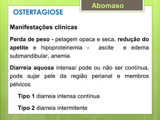 OSTERTAGIOSE
Manifestações clínicas
Perda de peso - pelagem opaca e seca, redução do
apetite e hipoproteinemia - ascite e edema
submandibular, anemia
Diarreia aquosa intensa/ pode ou não ser contínua,
pode sujar pele da região perianal e membros
pélvicos
Tipo 1 diarreia intensa contínua
Tipo 2 diarreia intermitente
Abomaso
 