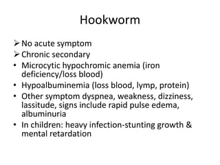 Hookworm
No acute symptom
Chronic secondary
• Microcytic hypochromic anemia (iron
deficiency/loss blood)
• Hypoalbuminemia (loss blood, lymp, protein)
• Other symptom dyspnea, weakness, dizziness,
lassitude, signs include rapid pulse edema,
albuminuria
• In children: heavy infection-stunting growth &
mental retardation
 