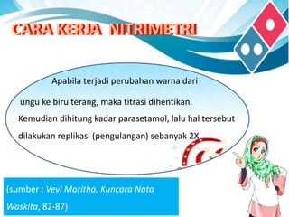 CARA KERJA NITRIMETRI
CARA KERJA NITRIMETRI
CARA KERJA NITRIMETRI
Apabila terjadi perubahan warna dari
ungu ke biru terang, maka titrasi dihentikan.
Kemudian dihitung kadar parasetamol, lalu hal tersebut
dilakukan replikasi (pengulangan) sebanyak 2X.
(sumber : Vevi Maritha, Kuncara Nata
Waskita, 82-87)
 