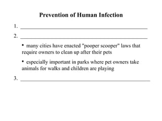 Prevention of Human Infection 1.  _______________________________________________ 2.  _______________________________________________ many cities have enacted "pooper scooper" laws that require owners to clean up after their pets especially important in parks where pet owners take animals for walks and children are playing 3.  ________________________________________________ 