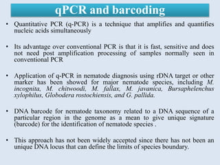qPCR and barcoding
• Quantitative PCR (q-PCR) is a technique that amplifies and quantifies
nucleic acids simultaneously
• Its advantage over conventional PCR is that it is fast, sensitive and does
not need post amplification processing of samples normally seen in
conventional PCR
• Application of q-PCR in nematode diagnosis using rDNA target or other
marker has been showed for major nematode species, including M.
incognita, M. chitwoodi, M. fallax, M. javanica, Bursaphelenchus
xylophilus, Globodera rostochiensis, and G. pallida.
• DNA barcode for nematode taxonomy related to a DNA sequence of a
particular region in the genome as a mean to give unique signature
(barcode) for the identification of nematode species .
• This approach has not been widely accepted since there has not been an
unique DNA locus that can define the limits of species boundary.
 