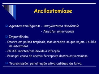 Ancilostomíase Agentes etiológicos: -  Ancylostoma duodenale -  Necator americanus Importância: -  Ocorre em países tropicais, mas acredita-se que sejam 1 bilhão de infestados - 60.000 mortes/ano devido a infecção - Principal causa de anemia ferropriva dentre as verminose Transmissão: penetração ativa cutânea da larva.  