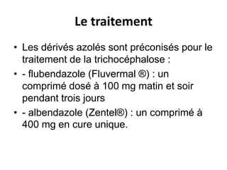 Le traitement
• Les dérivés azolés sont préconisés pour le
  traitement de la trichocéphalose :
• - flubendazole (Fluvermal ®) : un
  comprimé dosé à 100 mg matin et soir
  pendant trois jours
• - albendazole (Zentel®) : un comprimé à
  400 mg en cure unique.
 