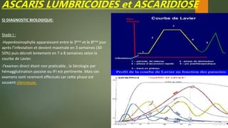 ASCARIS LUMBRICOIDES et ASCARIDIOSE
5) DIAGNOSTIC BIOLOGIQUE:
Stade I :
-Hyperéosinophylie apparaissant entre le 3ème et le 8ème jour
après l’infestation et devient maximale en 3 semaines (30-
50%) puis décroit lentement en 7 a 8 semaines selon la
courbe de Lavier.
-l’examen direct étant non praticable , la Sérologie par
hémagglutination passive ou IFI est pertinente. Mais ces
examens sont rarement effectués car cette phase est
souvent silencieuse.
 
