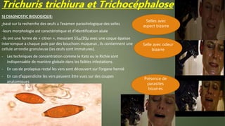 Trichuris trichiura et Trichocéphalose
5) DIAGNOSTIC BIOLOGIQUE:
-basé sur la recherche des œufs a l’examen parasitologique des selles
-leurs morphologie est caractéristique et d’identification aisée
-ils ont une forme de « citron », mesurant 55µ/20µ avec une coque épaisse
interrompue a chaque pole par des bouchons muqueux , ils contiennent une
cellule arrondie granuleuse (les œufs sont immatures).
- Les techniques de concentration comme le Kato ou le Richie sont
indispensable de manière globale dans les faibles infestations.
- En cas de prolapsus rectal les vers sont découvert sur l’organe hernié
- En cas d’appendicite les vers peuvent être vues sur des coupes
anatomiques
Selles avec
aspect bizarre
Selle avec odeur
bizarre
Présence de
parasites
bizarres
 