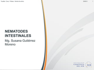 Facultad - Curso - Profesor - Nombre de archivo   25/05/12   1




        NEMATODES
        INTESTINALES
        Mg. Susana Gutiérrez
        Moreno
 