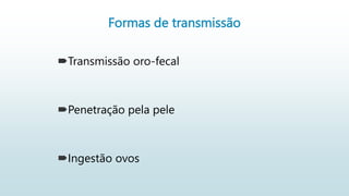 Formas de transmissão
Transmissão oro-fecal
Penetração pela pele
Ingestão ovos
 