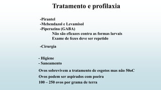 Tratamento e profilaxia
-Pirantel
-Mebendazol e Levamisol
-Piperazina (GABA)
Não são eficazes contra as formas larvais
Exame de fezes deve ser repetido
-Cirurgia
- Higiene
- Saneamento
Ovos sobrevivem a tratamento de esgotos mas não 50oC
Ovos podem ser aspirados com poeira
100 – 250 ovos por grama de terra
 