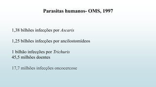 Parasitas humanos- OMS, 1997
1,38 bilhões infecções por Ascaris
1,25 bilhões infecções por ancilostomídeos
1 bilhão infecções por Trichuris
45,5 milhões doentes
17,7 milhões infecções oncocercose
 