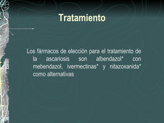 Tratamiento


Los fármacos de elección para el tratamiento de
  la ascariosis son albendazol* con
  mebendazol, ivermectinas* y nitazoxanida*
  como alternativas
 
