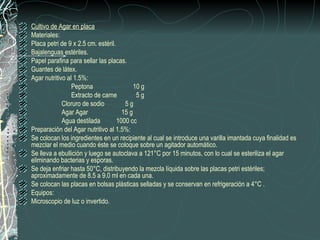 Cultivo de Agar en placa
Materiales:
Placa petri de 9 x 2.5 cm. estéril.
Bajalenguas estériles.
Papel parafina para sellar las placas.
Guantes de látex.
Agar nutritivo al 1.5%:
                 Peptona                   10 g
                 Extracto de carne          5g
             Cloruro de sodio          5g
             Agar Agar                15 g
             Agua destilada         1000 cc
Preparación del Agar nutritivo al 1.5%:
Se colocan los ingredientes en un recipiente al cual se introduce una varilla imantada cuya finalidad es
mezclar el medio cuando éste se coloque sobre un agitador automático.
Se lleva a ebullición y luego se autoclava a 121°C por 15 minutos, con lo cual se esteriliza el agar
eliminando bacterias y esporas.
Se deja enfriar hasta 50°C, distribuyendo la mezcla líquida sobre las placas petri estériles;
aproximadamente de 8.5 a 9.0 ml en cada una.
Se colocan las placas en bolsas plásticas selladas y se conservan en refrigeración a 4°C .
Equipos:
Microscopio de luz o invertido.
 