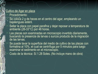Cultivo de Agar en placa
 Procedimiento:
 Se coloca 2 g de heces en el centro del agar, empleando un
  bajalenguas estéril.
 Sellar la placa con papel parafina y dejar reposar a temperatura de
  ambiente (26-33°C) por 48 horas.
 Las placas son examinadas en microscopio invertido diariamente,
  buscando la presencia de larvas o surcos producto de la migración
  de las larvas.
 Se puede lavar la superficie del medio de cultivo de las placas con
  formalina al 10%, el cual se centrífuga por 5 minutos para luego
  examinar el sedimento en el microscopio.
 Costo de la técnica: S/.1.28 Soles. (No incluye mano de obra)
 