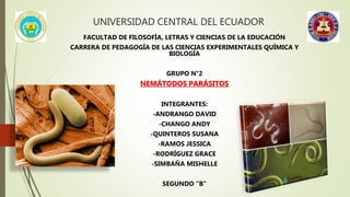 UNIVERSIDAD CENTRAL DEL ECUADOR
FACULTAD DE FILOSOFÍA, LETRAS Y CIENCIAS DE LA EDUCACIÓN
CARRERA DE PEDAGOGÍA DE LAS CIENCIAS EXPERIMENTALES QUÍMICA Y
BIOLOGÍA
GRUPO N°2
NEMÁTODOS PARÁSITOS
INTEGRANTES:
-ANDRANGO DAVID
-CHANGO ANDY
-QUINTEROS SUSANA
-RAMOS JESSICA
-RODRÍGUEZ GRACE
-SIMBAÑA MISHELLE
SEGUNDO “B”
 