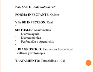 PARASITO: Balantidium coli
FORMA INFECTANTE: Quiste
VIA DE INFECCION: Oral
¨
SINTOMAS: Asintomática
¨ Diarrea aguda
¨ Diarrea crónica
¨ Perforación y Apendicitis
¨
· DIAGNOSTICO: Examen en fresco fecal
· cultivos y rectoscopía
TRATAMIENTO: Tetraciclina x 10 d
 