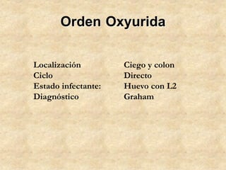 Orden Oxyurida
Localización Ciego y colon
Ciclo Directo
Estado infectante: Huevo con L2
Diagnóstico Graham
 