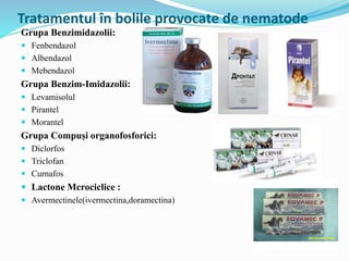 Tratamentul în bolile provocate de nematode
Grupa Benzimidazolii:
 Fenbendazol
 Albendazol
 Mebendazol
Grupa Benzim-Imidazolii:
 Levamisolul
 Pirantel
 Morantel
Grupa Compuși organofosforici:
 Diclorfos
 Triclofan
 Curnafos
 Lactone Mcrociclice :
 Avermectinele(ivermectina,doramectina)
 
