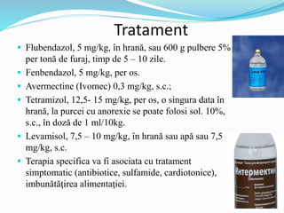 Tratament
 Flubendazol, 5 mg/kg, în hrană, sau 600 g pulbere 5%
per tonă de furaj, timp de 5 – 10 zile.
 Fenbendazol, 5 mg/kg, per os.
 Avermectine (Ivomec) 0,3 mg/kg, s.c.;
 Tetramizol, 12,5- 15 mg/kg, per os, o singura data în
hrană, la purcei cu anorexie se poate folosi sol. 10%,
s.c., în doză de 1 ml/10kg.
 Levamisol, 7,5 – 10 mg/kg, în hrană sau apă sau 7,5
mg/kg, s.c.
 Terapia specifica va fi asociata cu tratament
simptomatic (antibiotice, sulfamide, cardiotonice),
imbunătăţirea alimentaţiei.
 