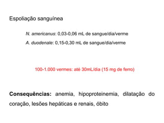 Espoliação sanguínea
N. americanus: 0,03-0,06 mL de sangue/dia/verme
A. duodenale: 0,15-0,30 mL de sangue/dia/verme
Consequências: anemia, hipoproteinemia, dilatação do
coração, lesões hepáticas e renais, óbito
100-1.000 vermes: até 30mL/dia (15 mg de ferro)
 