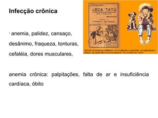 Infecção crônica
•
anemia, palidez, cansaço,
desânimo, fraqueza, tonturas,
cefaléia, dores musculares,
anemia crônica: palpitações, falta de ar e insuficiência
cardíaca, óbito
 