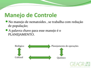 Manejo de Controle
No manejo de nematoides , se trabalha com redução
de população;
A palavra chave para esse manejo é o
PLANEJAMENTO.
Cultural Químico
Biológico Planejamento de operações
 