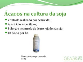 Ácaros na cultura da soja
Controle realizado por acaricida;
Acaricidas específicos;
Polo 500 : controle de ácaro rajado na soja;
R$ 60,00 por ha.
Fonte: plantaragropecuaria,
2018;
 