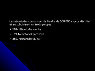 Les nématodes connus sont de l’ordre de 500.000 espèce décrites et se subdivisent en trois groupes: 50% Nématodes marins  15% Nématodes parasites  35% Nématodes du sol 