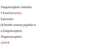 Tangoreceptors- function
1.Touch (mainly)
2.pressure
Q.Double sensory papillae is
a.Tangoreceptors
Thigmoreceptors
ANS-B
 