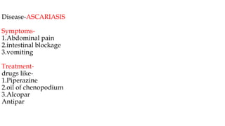 Disease-ASCARIASIS
Symptoms-
1.Abdominal pain
2.intestinal blockage
3.vomiting
Treatment-
drugs like-
1.Piperazine
2.oil of chenopodium
3.Alcopar
Antipar
 