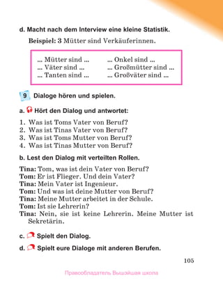 105
d. Macht nach dem Interview eine kleine Statistik.
Beispiel: 3 Mьtter sind Verkдuferinnen.
9 Dialoge hören und spielen.
a. Hört den Dialog und antwortet:
1. Was ist Toms Vater von Beruf?
2. Was ist Tinas Vater von Beruf?
3. Was ist Toms Mutter von Beruf?
4. Was ist Tinas Mutter von Beruf?
b. Lest den Dialog mit verteilten Rollen.
Tina: Tom, was ist dein Vater von Beruf?
Tom: Er ist Flieger. Und dein Vater?
Tina: Mein Vater ist Ingenieur.
Tom: Und was ist deine Mutter von Beruf?
Tina: Meine Mutter arbeitet in der Schule.
Tom: Ist sie Lehrerin?
Tina: Nein, sie ist keine Lehrerin. Meine Mutter ist
Sekretдrin.
c. Spielt den Dialog.
d. Spielt eure Dialoge mit anderen Berufen.
… Mьtter sind … … Onkel sind …
… Vдter sind … … GroЯmьtter sind …
… Tanten sind … … GroЯvдter sind …
Правообладатель Вышэйшая школа
 
