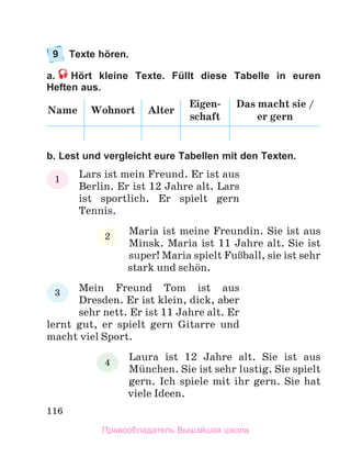 116
9 Texte hören.
a. Hört kleine Texte. Füllt diese Tabelle in euren
Heften aus.
Name Wohnort Alter
Eigen-
schaft
Das macht sie /
er gern
b. Lest und vergleicht eure Tabellen mit den Texten.
Lars ist mein Freund. Er ist aus
Berlin. Er ist 12 Jahre alt. Lars
ist sportlich. Er spielt gern
Tennis.
Maria ist meine Freundin. Sie ist aus
Minsk. Maria ist 11 Jahre alt. Sie ist
super! Maria spielt FuЯball, sie ist sehr
stark und schцn.
Mein Freund Tom ist aus
Dresden. Er ist klein, dick, aber
sehr nett. Er ist 11 Jahre alt. Er
lernt gut, er spielt gern Gitarre und
macht viel Sport.
Laura ist 12 Jahre alt. Sie ist aus
Mьnchen. Sie ist sehr lustig. Sie spielt
gern. Ich spiele mit ihr gern. Sie hat
viele Ideen.
1
2
3
4
Правообладатель Вышэйшая школа
 