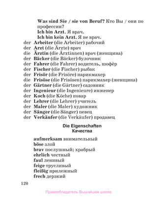 120
Was sind Sie / sie von Beruf? Кто Вы / они по
профессии?
Ich bin Arzt. Я врач.
Ich bin kein Arzt. Я не врач.
der Arbeiter (die Arbeiter) рабочий
der Arzt (die Дrzte) врач
die Дrztin (die Дrztinnen) врач (женщина)
der Bдcker (die Bдcker) булочник
der Fahrer (die Fahrer) водитель, шофёр
der Fischer (die Fischer) рыбак
der Frisцr (die Frisцre) парикмахер
die Frisцse (die Frisцsen) парикмахер (женщина)
der Gдrtner (die Gдrtner) садовник
der Ingenieur (die Ingenieure) инженер
der Koch (die Kцche) повар
der Lehrer (die Lehrer) учитель
der Maler (die Maler) художник
der Sдnger (die Sдnger) певец
der Verkдufer (die Verkдufer) продавец
Die Eigenschaften
Качества
aufmerksam внимательный
bцse злой
brav послушный; храбрый
ehrlich честный
faul ленивый
feige трусливый
fleiЯig прилежный
frech дерзкий
Правообладатель Вышэйшая школа
 