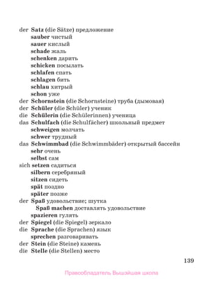 139
der Satz (die Sдtze) предложение
sauber чистый
sauer кислый
schade жаль
schenken дарить
schicken посылать
schlafen спать
schlagen бить
schlau хитрый
schon уже
der Schornstein (die Schornsteine) труба (дымовая)
der Schьler (die Schьler) ученик
die Schьlerin (die Schьlerinnen) ученица
das Schulfach (die Schulfдcher) школьный предмет
schweigen молчать
schwer трудный
das Schwimmbad (die Schwimmbдder) открытый бассейн
sehr очень
selbst сам
sich setzen садиться
silbern серебряный
sitzen сидеть
spдt поздно
spдter позже
der SpaЯ удовольствие; шутка
SpaЯ machen доставлять удовольствие
spazieren гулять
der Spiegel (die Spiegel) зеркало
die Sprache (die Sprachen) язык
sprechen разговаривать
der Stein (die Steine) камень
die Stelle (die Stellen) место
Правообладатель Вышэйшая школа
 