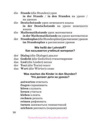 38
die Stunde (die Stunden) урок
in der Stunde / in den Stunden на уроке /
на уроках
die Deutschstunde урок немецкого языка
in der Deutschstunde на уроке немецкого
языка
die Mathematikstunde урок математики
in der Mathematikstunde на уроке математики
der Stundenplan(dieStundenplдne)расписаниеуроков
im Stundenplan в расписании уроков
Wie heißt der Lehrstoﬀ?
Как называется учебный материал?
der Dialog (die Dialoge) диалог
das Gedicht (die Gedichte) стихотворение
das Lied (die Lieder) песня
der Text (die Texte) текст
das Wort (die Wцrter) слово
Was machen die Kinder in den Stunden?
Что делают дети на уроках?
antworten отвечать
fragen спрашивать
hцren слушать
lernen учиться
kleben клеить
rechnen решать
reimen рифмовать
turnen заниматься гимнастикой
zeichnen рисовать (карандашом)
Правообладатель Вышэйшая школа
 