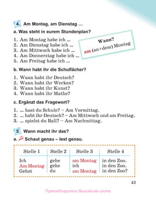 43
4. Am Montag, am Dienstag …
a. Was steht in eurem Stundenplan?
1. Am Montag habe ich …
2. Am Dienstag habe ich …
3. Am Mittwoch habe ich …
4. Am Donnerstag habe ich …
5. Am Freitag habe ich …
b. Wann habt ihr die Schulfächer?
1. Wann habt ihr Deutsch?
2. Wann habt ihr Werken?
3. Wann habt ihr Kunst?
4. Wann habt ihr Mathe?
c. Ergänzt das Fragewort?
1. … hast du Schule? – Am Vormittag.
2. … habt ihr Deutsch? – Am Mittwoch und am Freitag.
3. … spielst du Ball? – Am Nachmittag.
5 Wann macht ihr das?
а. Schaut genau – lest genau.
nplan?
…
Wann?
am (an+dem) Montag
Stelle 1 Stelle 2 Stelle 3 Stelle 4
Ich
AmMontag
Gehst
gehe
gehe
du
am Montag
ich
am Montag
in den Zoo.
in den Zoo.
in den Zoo?
Правообладатель Вышэйшая школа
 
