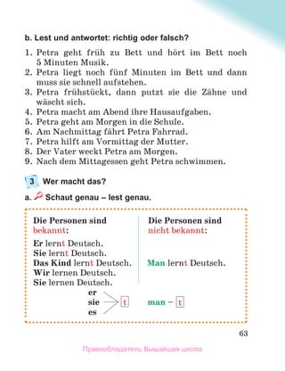 63
b. Lest und antwortet: richtig oder falsch?
1. Petra geht frьh zu Bett und hцrt im Bett noch
5 Minuten Musik.
2. Petra liegt noch fьnf Minuten im Bett und dann
muss sie schnell aufstehen.
3. Petra frьhstьckt, dann putzt sie die Zдhne und
wдscht sich.
4. Petra macht am Abend ihre Hausaufgaben.
5. Petra geht am Morgen in die Schule.
6. Am Nachmittag fдhrt Petra Fahrrad.
7. Petra hilft am Vormittag der Mutter.
8. Der Vater weckt Petra am Morgen.
9. Nach dem Mittagessen geht Petra schwimmen.
3 Wer macht das?
a. Schaut genau – lest genau.
Die Personen sind Die Personen sind
bekannt: nicht bekannt:
Er lernt Deutsch.
Sie lernt Deutsch.
Das Kind lernt Deutsch. Man lernt Deutsch.
Wir lernen Deutsch.
Sie lernen Deutsch.
er
sie man –
es
t t
Правообладатель Вышэйшая школа
 