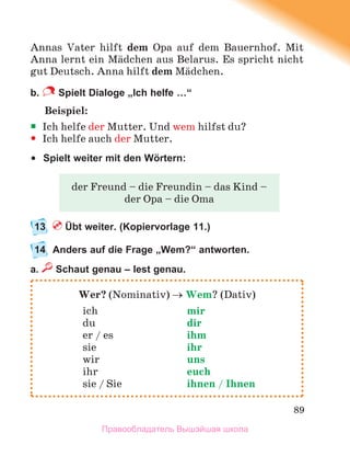 89
Annas Vater hilft dem Opa auf dem Bauernhof. Mit
Anna lernt ein Mдdchen aus Belarus. Es spricht nicht
gut Deutsch. Anna hilft dem Mдdchen.
b. Spielt Dialoge „Ich helfe …“
Beispiel:

 Ich helfe der Mutter. Und wem hilfst du?

 Ich helfe auch der Mutter.

Spielt weiter mit den Wörtern:
13 Übt weiter. (Kopiervorlage 11.)
14 Anders auf die Frage „Wem?“ antworten.
a. Schaut genau – lest genau.
der Freund – die Freundin – das Kind –
der Opa – die Oma
Wer? (Nominativ)  Wem? (Dativ)
ich mir
du dir
er / es ihm
sie ihr
wir uns
ihr euch
sie / Sie ihnen / Ihnen
Правообладатель Вышэйшая школа
 