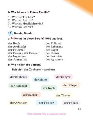 95
b. Wer ist was in Petras Familie?
1. Wer ist Tischler?
2. Wer ist Дrztin?
3. Wer ist Musiklehrerin?
4. Wer ist Lehrer?
3 Berufe, Berufe.
a. Kennt ihr diese Berufe? Hört und lest.
der Koch der Polizist
der Architekt der Laborant
der Fotograf der Jдger
der Frisцr / der Friseur der Clown
der Ingenieur der Sekretдr
der Journalist der Agronom
b. Wie heißen die Verben?
Beispiel: der Zauberer – zaubern
der Arbeiter
der Maler
der Zauberer
der Fischer
der Sдnger
der Koch
der Bдcker
der Fotograf
der Fahrer
der Flieger
der Tдnzer
Правообладатель Вышэйшая школа
 