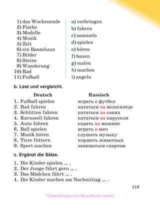119
  1) das Wochenende
  2) Fische
  3) Modelle
  4) Musik
  5) Zeit
  6) ein Baumhaus
  7) Bilder
  8) Steine
  9) Wanderung
10) Rad
11) FuЯball
a) verbringen
b) fahren
c) sammeln
d) spielen
e) hцren
f) bauen
g) malen
h) machen
i) angeln
b. Lest und vergleicht.
	 Deutsch	 Russisch
1.	 FuЯball spielen	 играть в футбол
2.	 Rad fahren	 кататься на велосипеде
3.	 Schlitten fahren	 кататься на санях
4.	 Karussell fahren	 кататься на карусели
5.	 Auto fahren	 ездить на машине
6.	 Ball spielen	 играть в мяч
7.	 Musik hцren	 слушать музыку
8.	 Tiere fьttern	 кормить животных
9.	 Sport machen	 заниматься спортом
c. Ergänzt die Sätze.
1.	 Die Kinder spielen … .
2.	 Der Junge fдhrt gern … .
3.	 Das Mдdchen fдhrt … .
4.	 Die Kinder machen am Nachmittag … .
Правообладатель Вышэйшая школа
 