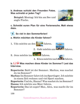 130
b. Andreas schickt den Freunden Fotos.
Was schreibt er jeden Tag?
Beispiel: Montag: Ich bin am See und
angle Fische.
c. Schreibt euren Plan für eine Ferienwoche. Malt etwas
dazu.
4	 So viel in den Sommerferien!
a. Wohin möchten die Kinder fahren?
1.	 Udo mцchte an den fahren.
2.	 Gabi mцchte ans fahren. 
3.	 Jens mцchte ins fahren.
4.	 Klausmцchtenach fahren.
b.  Was machen diese Kinder im Sommer? Lest das
Interview.
Reporterin: Bald ist der Sommer. Markus, was machst
du im Sommer?
Markus:ImSommerfahreichinsSportlager.Ich mцchte
in einem Zelt wohnen und viel Sport machen.
Reporterin: Und du, Hanna? Was machst du im Sommer?
Hanna: Ich mцchte ans Meer fahren.
Reporterin: Das ist super! Max, Alex, was macht ihr im
Sommer?
Правообладатель Вышэйшая школа
 