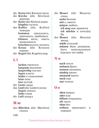 140
die	 Kerze (die Kerzen) свеча
die	 Kirche (die Kirchen)
церковь
die	 Kiste (die Kisten) ящик
	 klopfen стучать
der	 Koffer (die Koffer)
че­
модан
	 kommen приходить,
приезжать, прибывать
	 kцnnen мочь, иметь
возможность
	 kriechenползти,ползать
die	 Krone (die Kronen)
ко­
рона
die	 Kugel (die Kugeln) шар
L l
	 lachen смеяться
	 langsam медленно
	 langweilig скучно
	 legen класть
	 leider к сожалению
	 leise тихо
	 leer пустой
die	 Leute люди
das	 Lied (die Lieder) песня
	 liegen лежать
	 links слева
die	 Luft воздух
M m
das	 Mдrchen (die Mдrchen)
сказка
die	 Mauer (die Mauern)
стена
	 mehr больше
	 mit с, вместе
	 mцgen любить
	 ich mag мне нравится
	 ich mцchte я хотел(а)
бы
der	 Monat (die Monate)
месяц
	 mьde усталый
	 mьssen быть должным,
быть вынужденным
(сделать что-либо)
N n
	 nach после
	 nehmen брать
	 nennen называть
	 niedrig низко
	 niemand никто
	 noch ещё
	 nur только
O o
	 oben вверху
	 oder или
	 цffnen открывать
	 oft часто
	 ohne без
	 ordnen приводить в
порядок
Правообладатель Вышэйшая школа
 